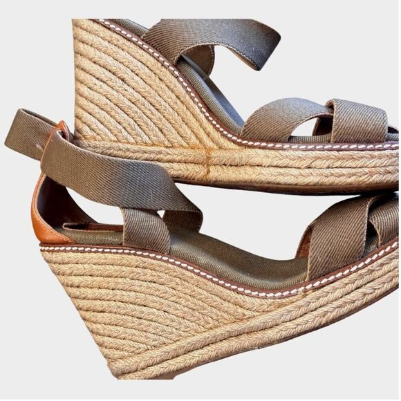 Tory Burch Designer Espadrille Wedges Sz 11 Olive Canvas Cognac Leather EUC - Picture 7 of 9